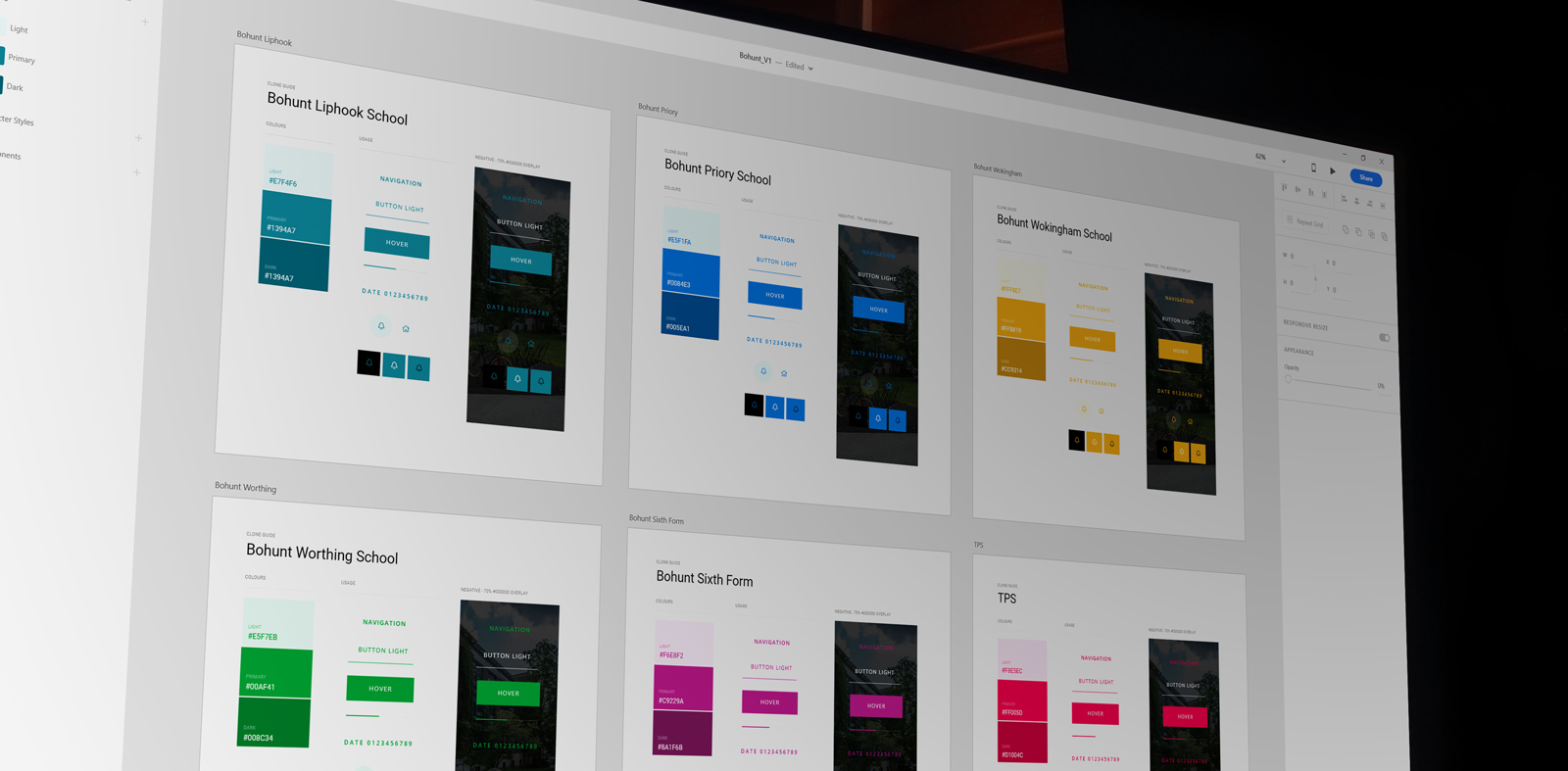 photo of my screen showing Adobe XD and colours for each website design