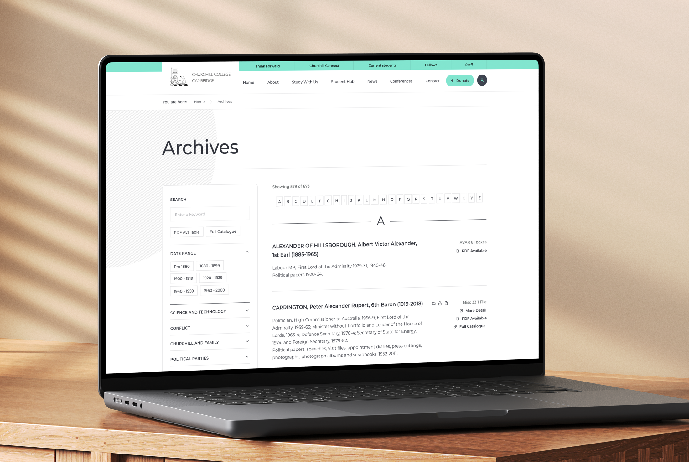 The digitised archives section of the Churchill College Cambridge website that showcases extensive filtering and detail