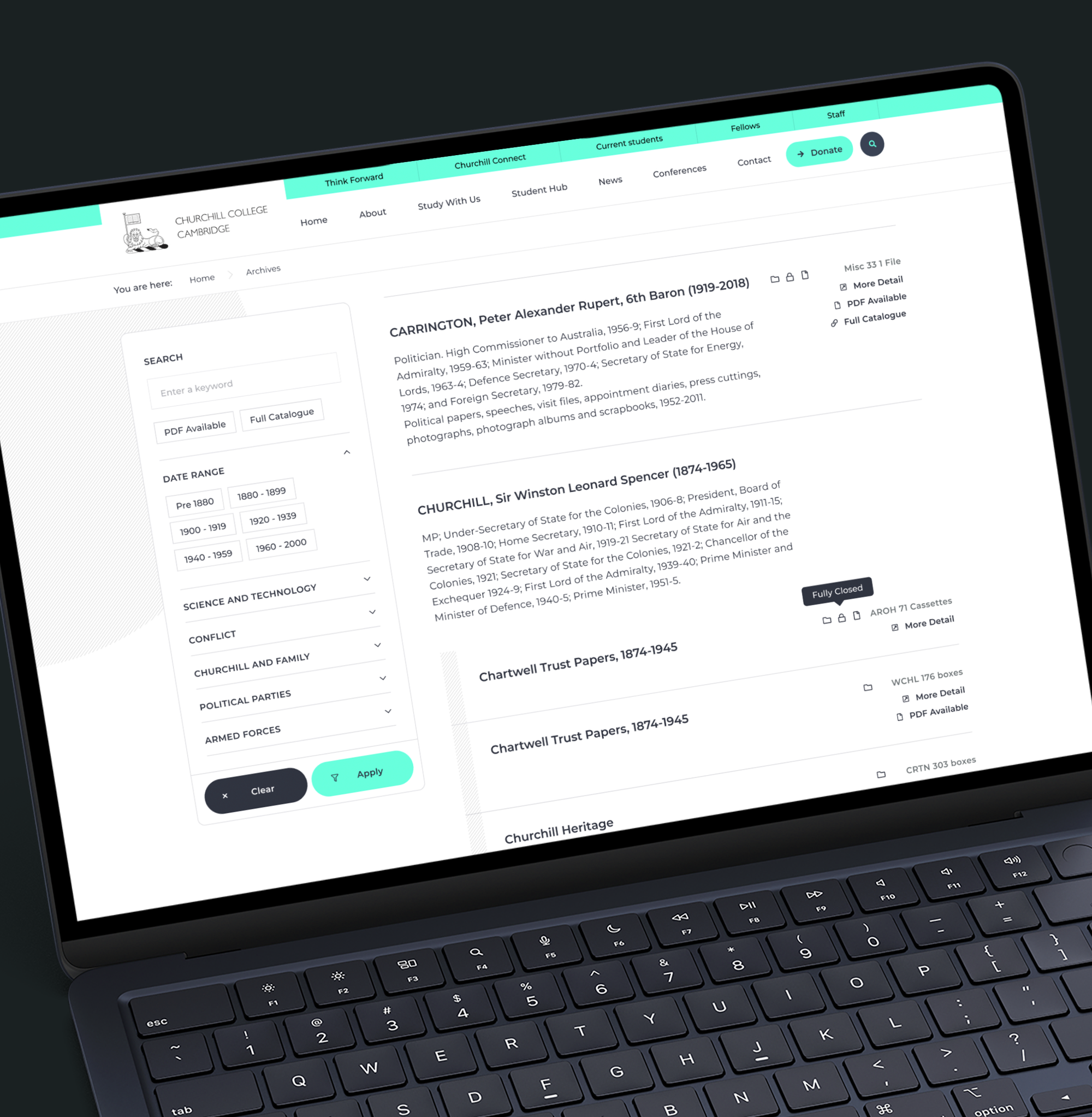A webpage that shows more detail about different content types and functionality from the Churchill College archives website