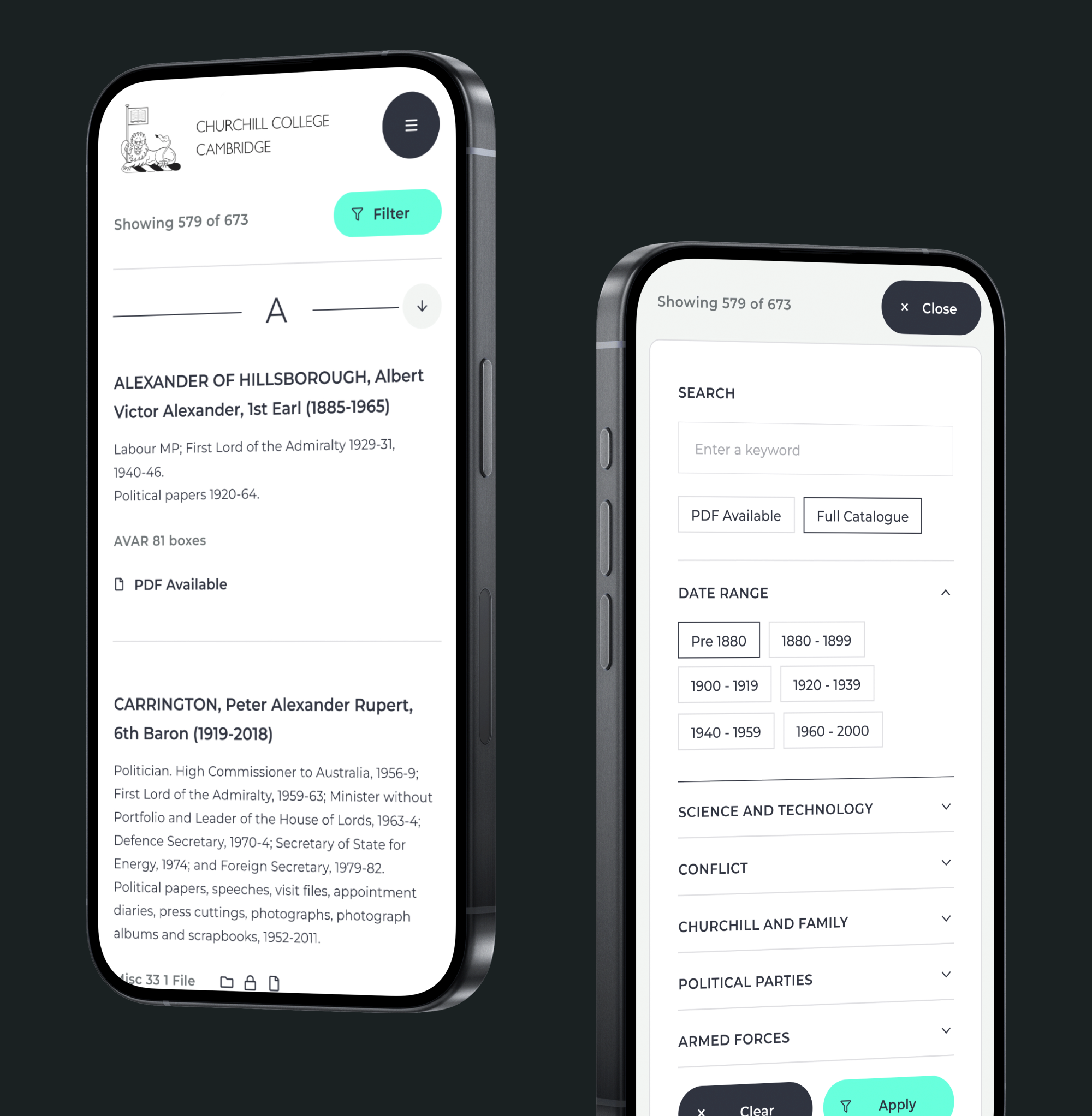 Mobile web mockups showing that all filtering works on both desktop and mobile on the Churchill College archives website