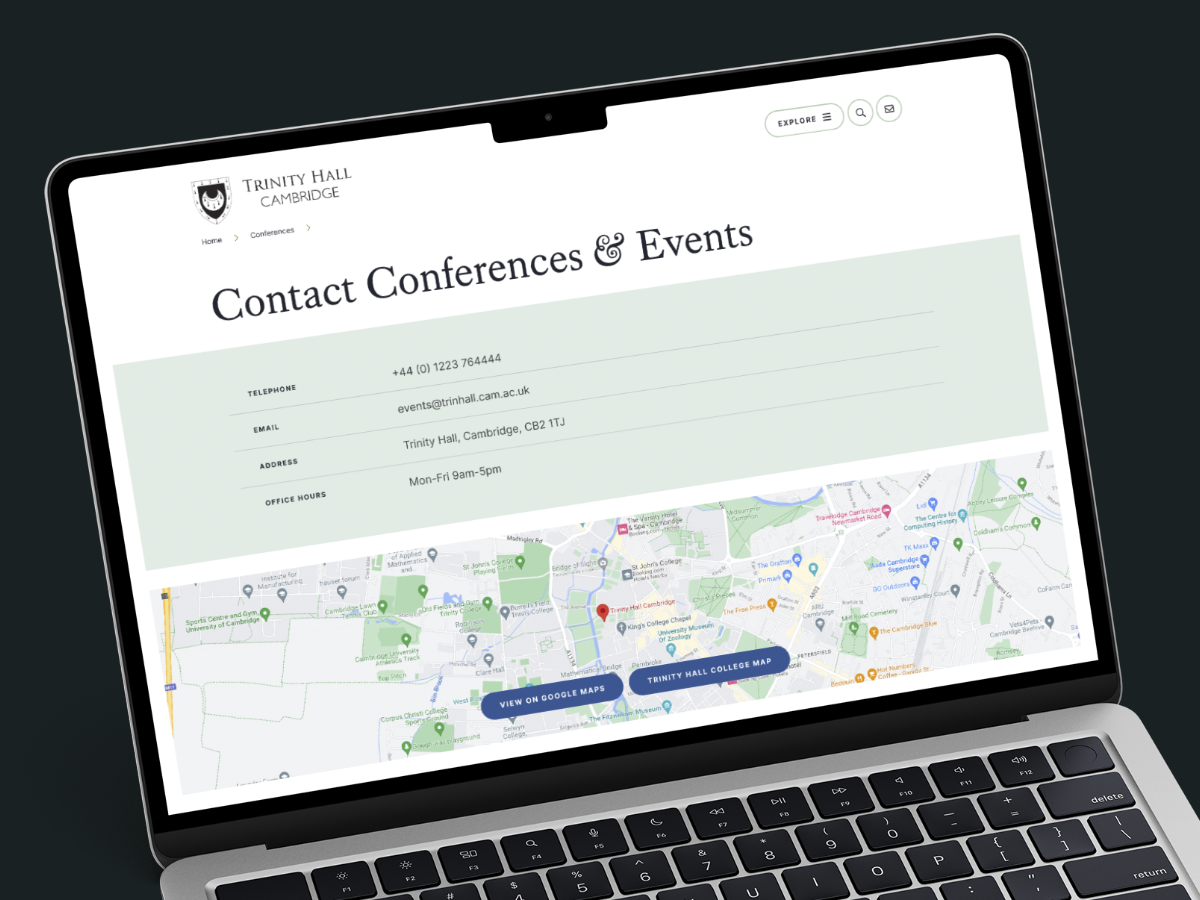 A web page showing the contact information for the Trinity Hall College Conferences team