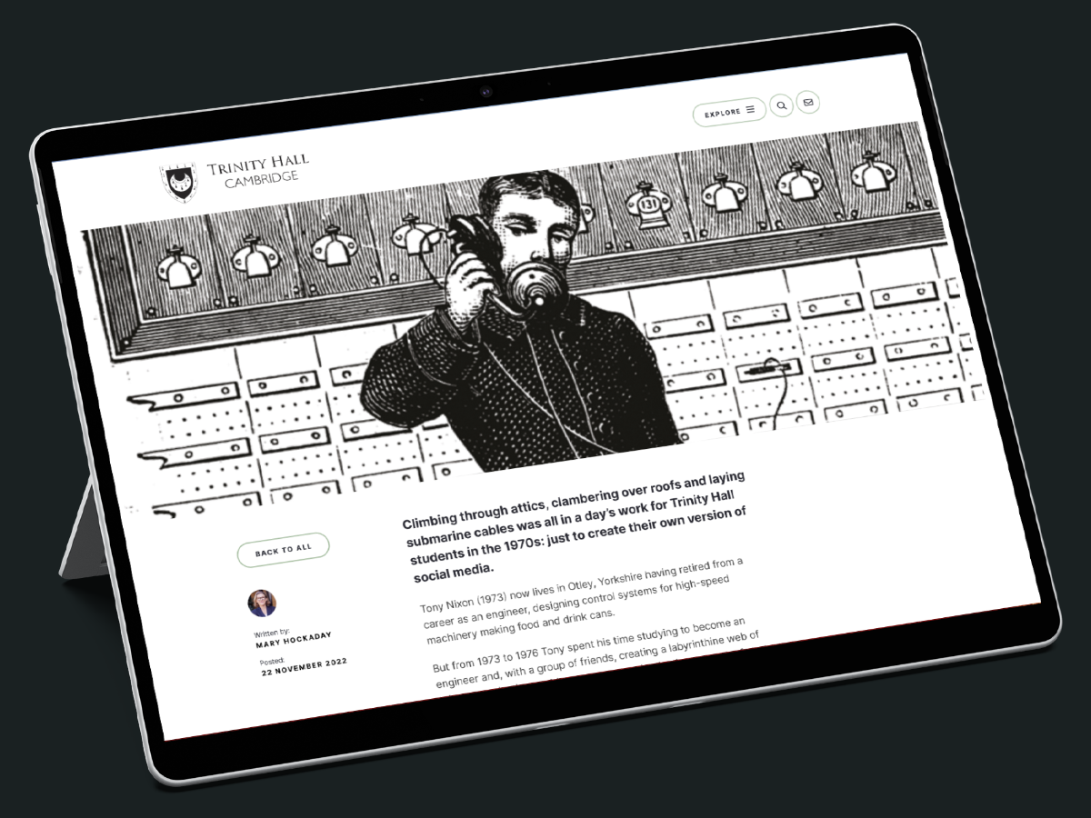 The desktop version of an article on the Trinity Hall College website